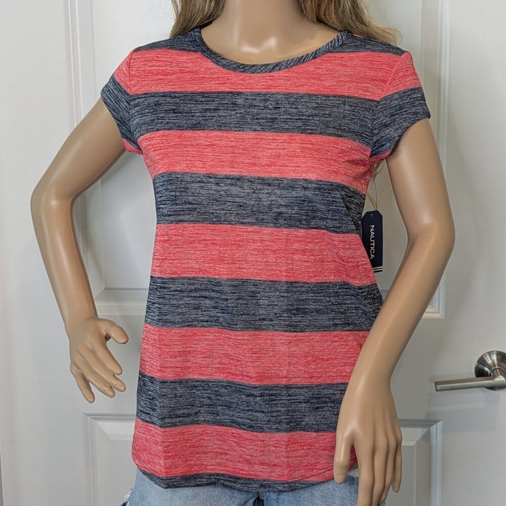 Nautica Womens Red Black Striped T-Shirt Size XS Top Keyhole Back Button Tee New